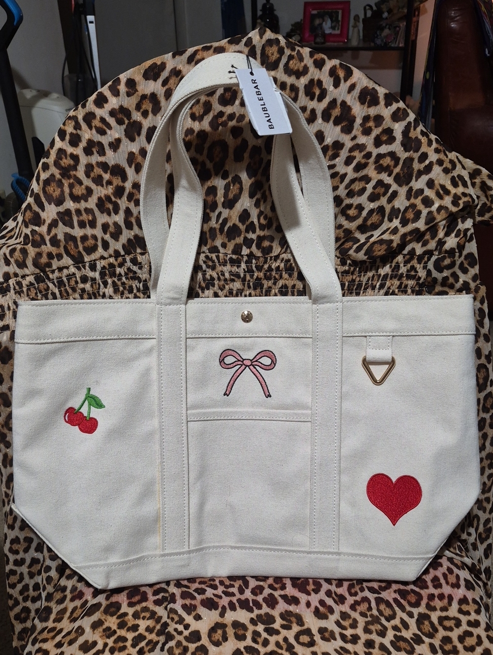BaubleBar Cream Canvas Tote with Red Heart, Red Cherries & Pink Bow